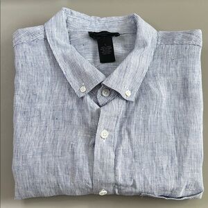 Magaschoni Linen Pinstripe Long Sleeve Button Down Shirt Blue/White Size Large